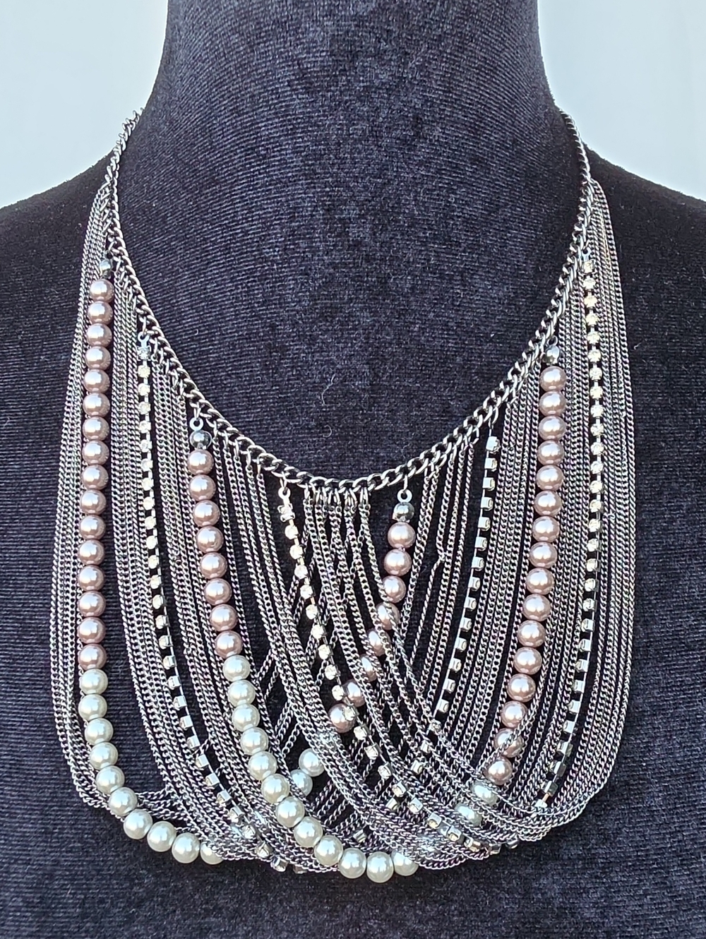 Multi-Row Pearl & Chain Fringe Necklace - Silver and Pink